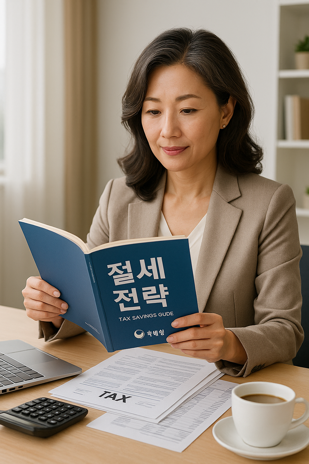 국세청 절세 가이드북을 보며 꼼꼼하게 세금 전략을 세우는 모습
