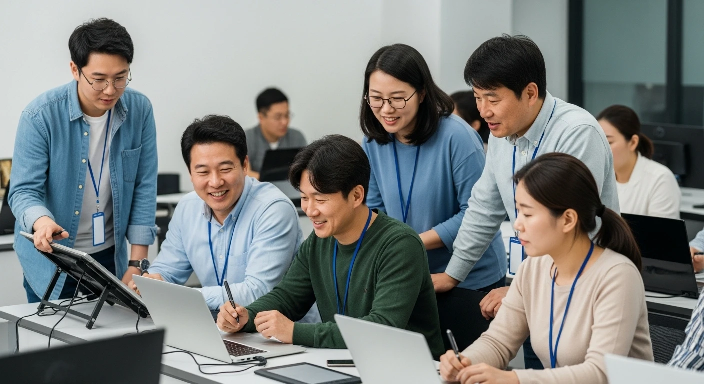 다양한 연령대의 사람들이 현대적인 교육 환경에서 노트북과 태블릿을 활용해 직업 훈련에 참여하는 모습