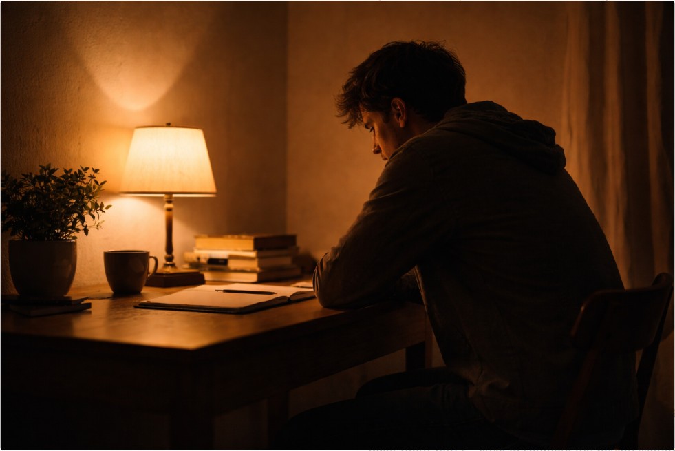 조용한 밤 방 안에서 자신의 선택을 돌아보며 생각에 잠긴 모습