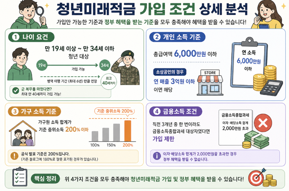 2026년 청년미래적금 가입 조건 상세 분석 가이드: 1. 나이 요건(만 19세~34세, 군 복무 시 최대 만 40세까지 연장), 2. 개인 소득 기준(총급여액 6,000만원 이하, 소상공인 연 매출 3억원 이하), 3. 가구 소득 기준(중위소득 200% 이하), 4. 금융소득 조건(직전 3개년 중 금융소득종합과세 대상자 가입 제한) 안내