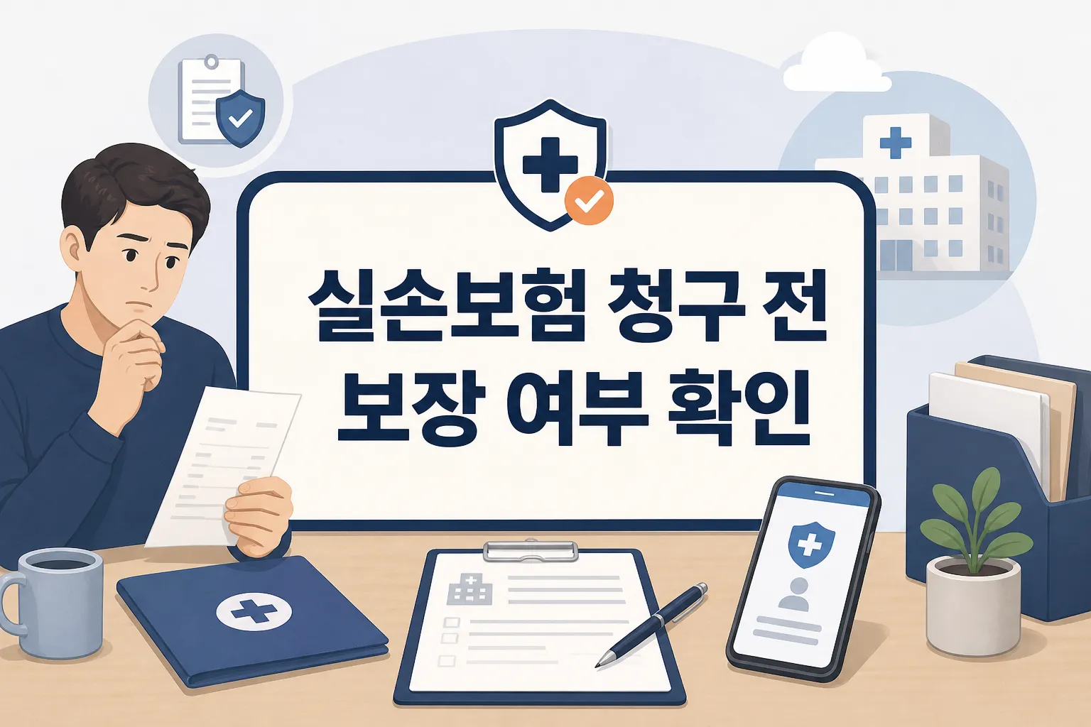 실손보험 청구 전 보장 여부를 확인해야 하는 이유와 병원 영수증, 보험 앱, 서류 점검 흐름을 함께 보여주는 썸네일 이미지