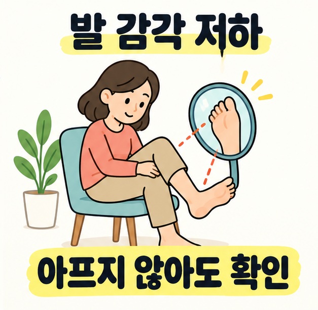 의자에 앉은 여성이 거울로 발바닥을 확인하는 그림과 발 감각 저하, 아프지 않아도 확인 문구