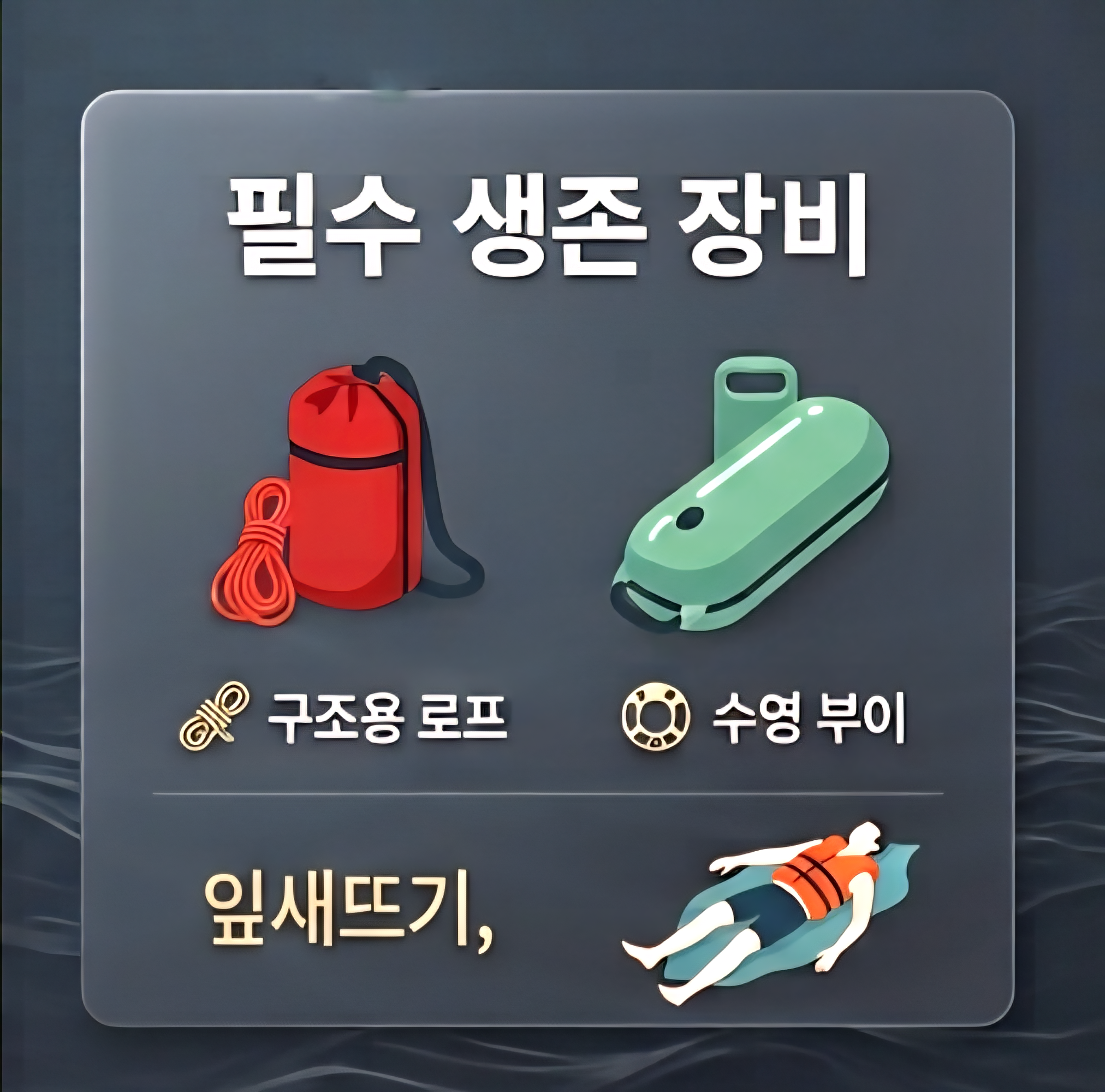 해수욕장 필수 생존 장비 구조용 로프 수영 부이 및 잎새뜨기 누워뜨기 안내 이미지