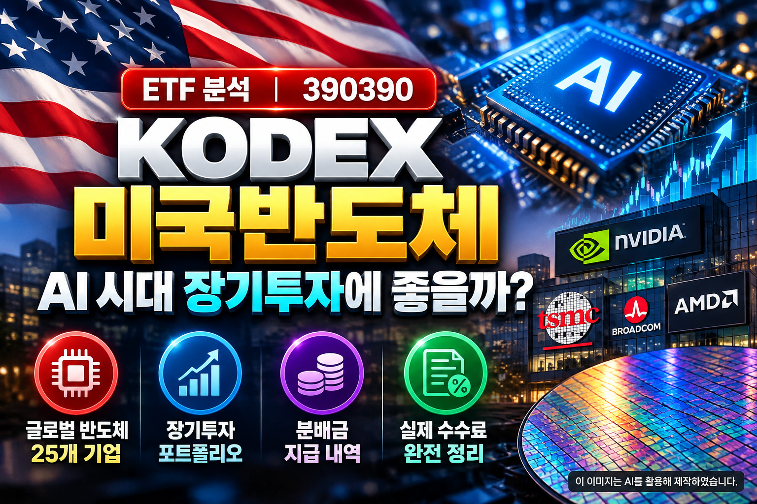 KODEX 미국반도체 ETF 장기투자 분석, 미국 국기와 AI 반도체 칩, 반도체 웨이퍼 및 엔비디아·TSMC·AMD 등 주요 기업을 배경으로 글로벌 반도체 25개 기업, 장기투자, 분배금, 실제 수수료를 표현한 대표 이미지