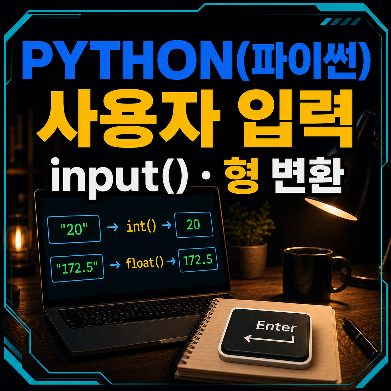 파이썬 input 함수와 int float str 형 변환 흐름을 표현한 코딩 책상 썸네일