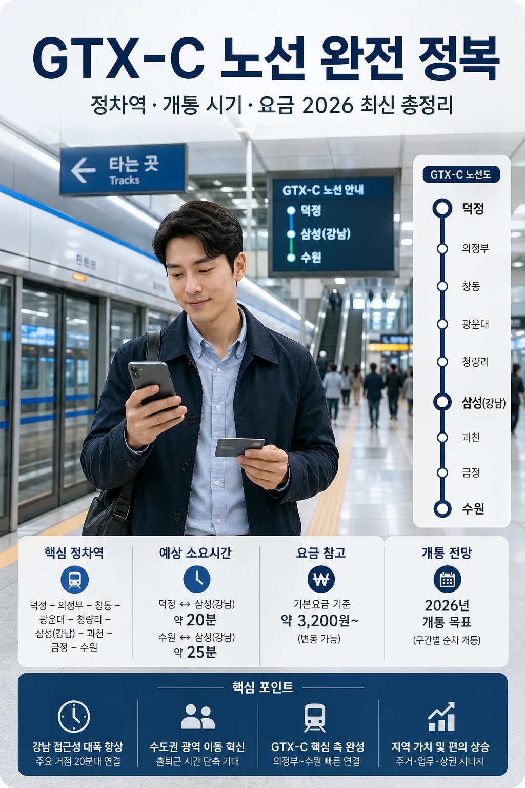 GTX-C 노선과 환승 정보를 확인하는 한국인 남성의 실사형 철도 인포그래픽