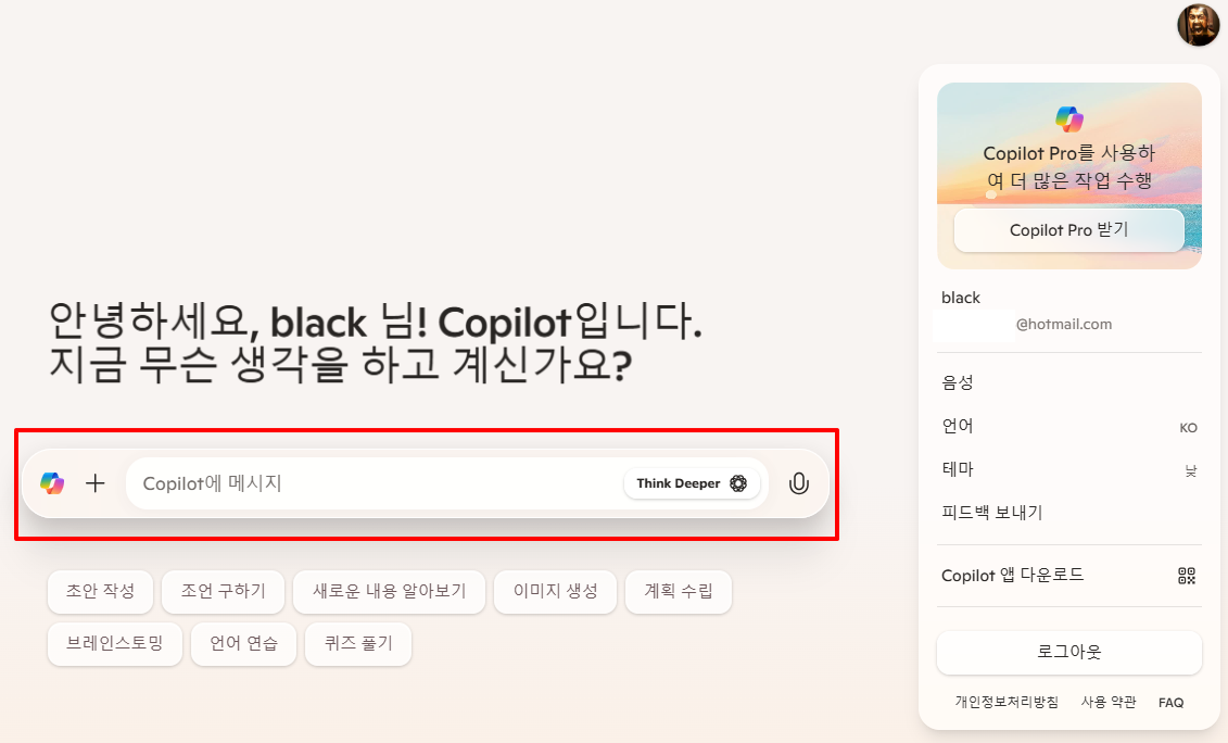 코파일럿 프롬프트 입력 화면