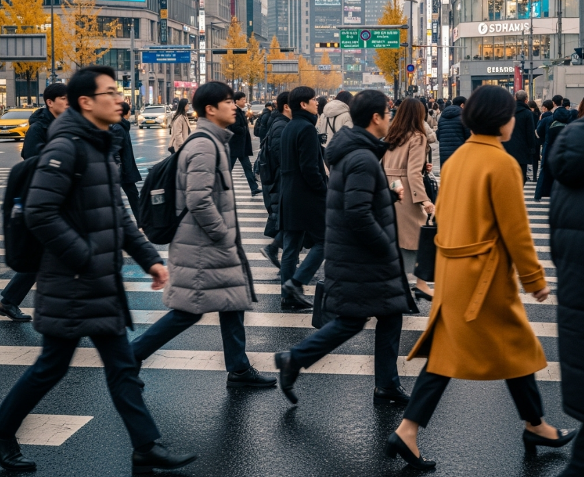 경량패딩을 껴입은 사람들이 바쁘게 움직이는 도시 출퇴근길 모습