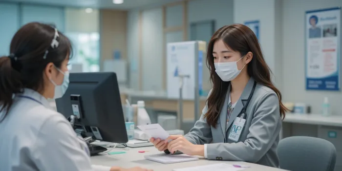 병원 창구에서 수납하는 여성