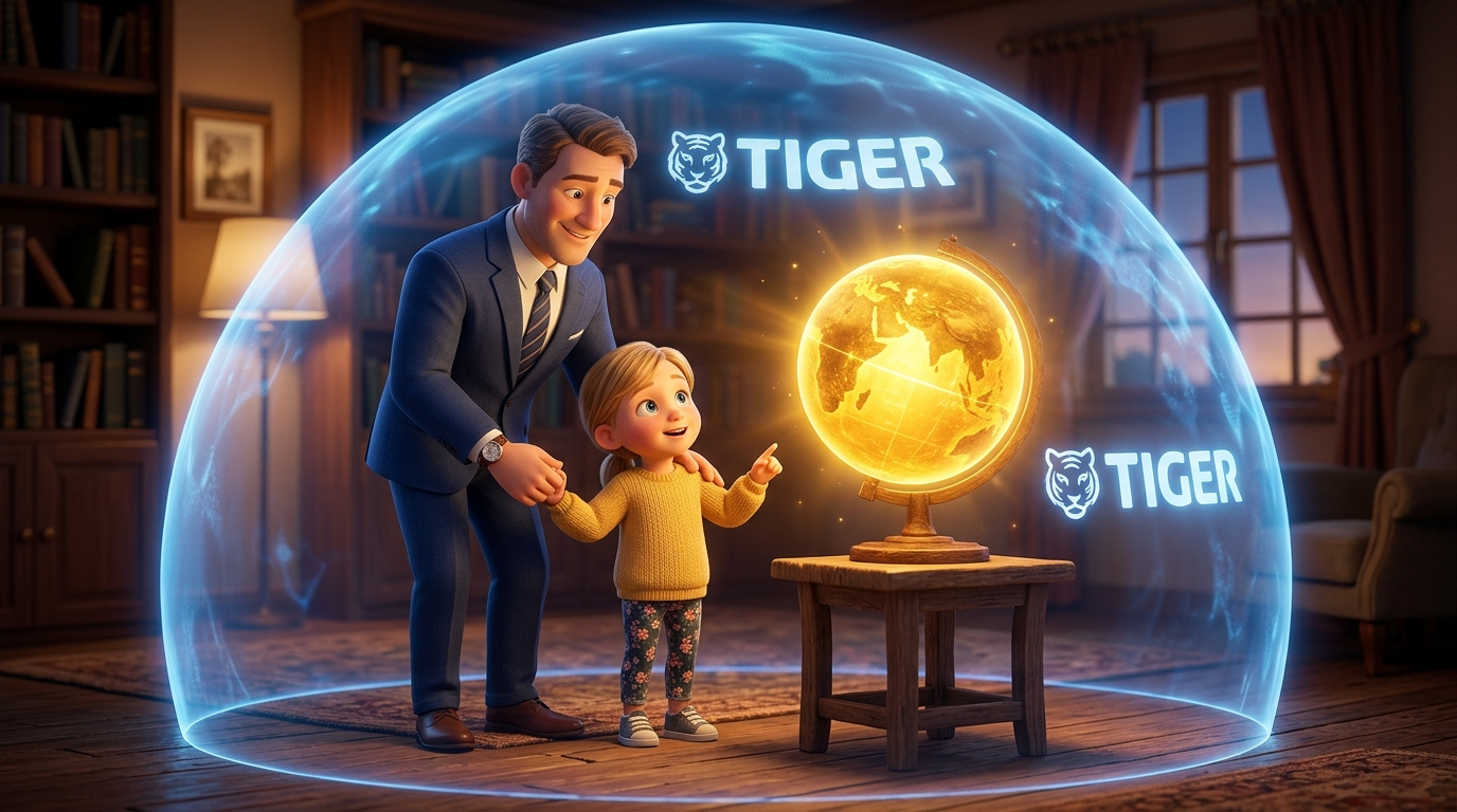 아빠가 아이의 손을 잡고 커다란 황금 지구본 앞에 서 있고, 그 주위로 TIGER ETF 로고가 방패처럼 감싸고 있는 희망적인 3D 일러스트