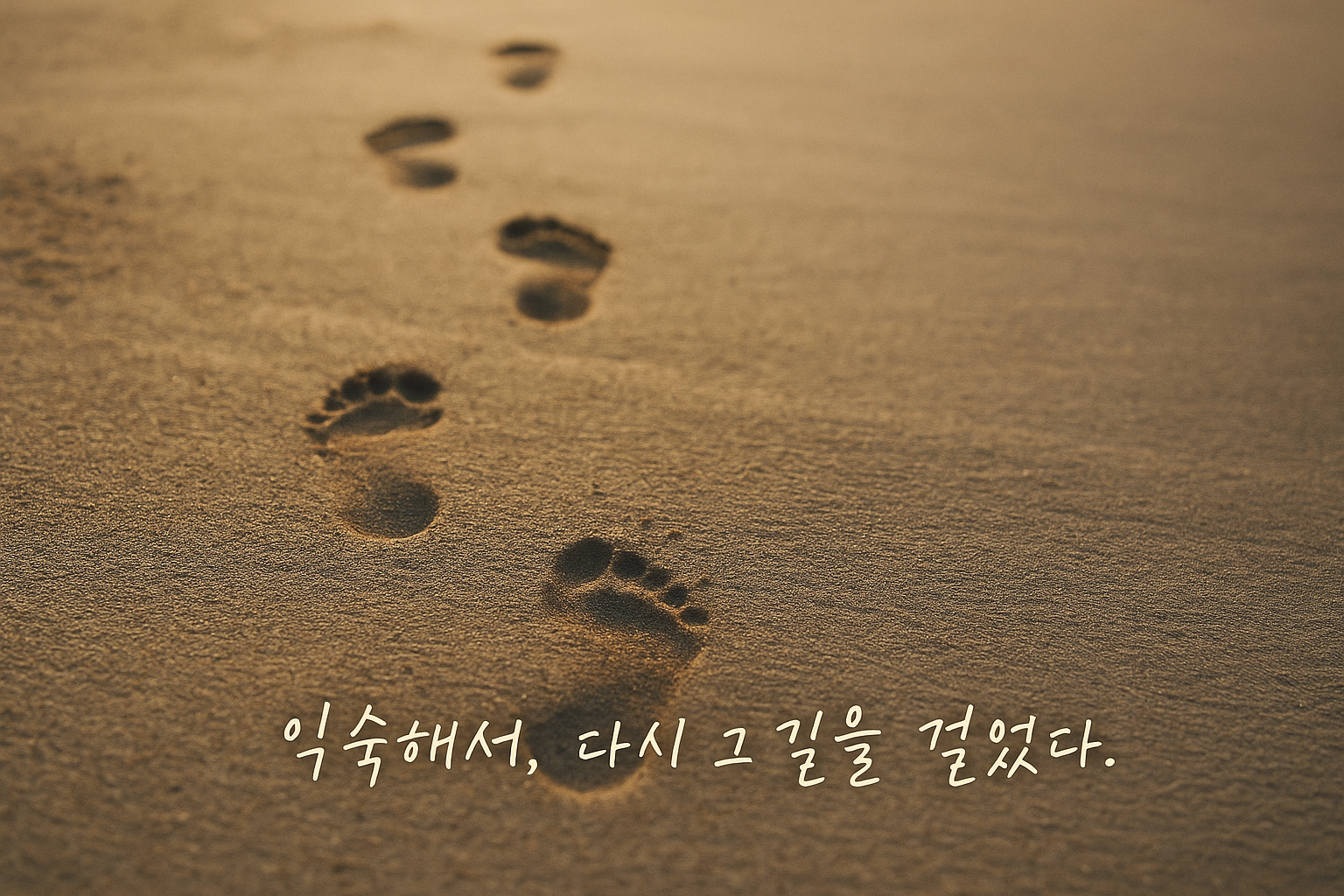 따뜻한 햇살이 비치는 해변 모래 위에
나란히 이어진 두 줄의 발자국이 부드럽게 그림자를 드리우고 있다.
한 줄은 앞서 있고 다른 한 줄은 뒤를 따라가며,
익숙한 반복된 사랑의 패턴과 감정의 순환을 상징하는 장면.
차분하고 감성적인 Re:attach 시리즈 분위기.