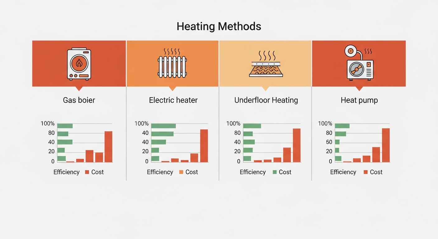 다양한 난방 방식의 특징과 효율, 비용을 한눈에 비교한 인포그래픽.