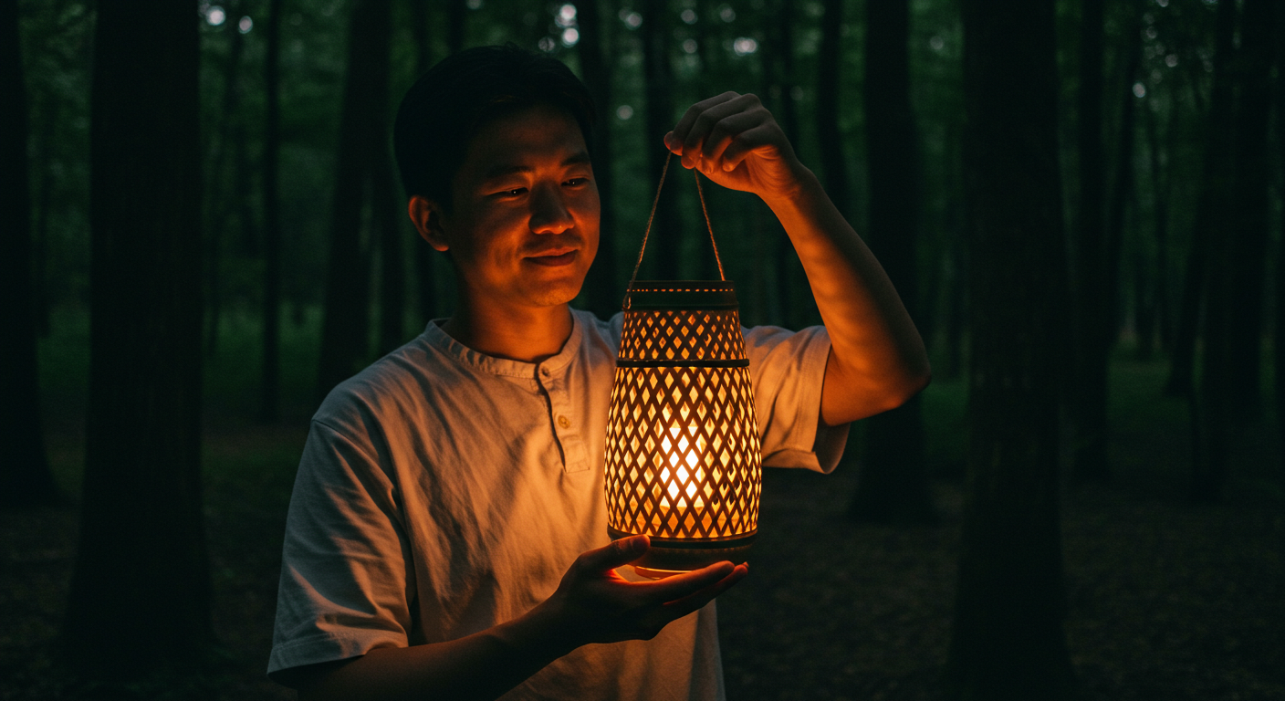 완성된 대나무 등불을 들고 있는 모습