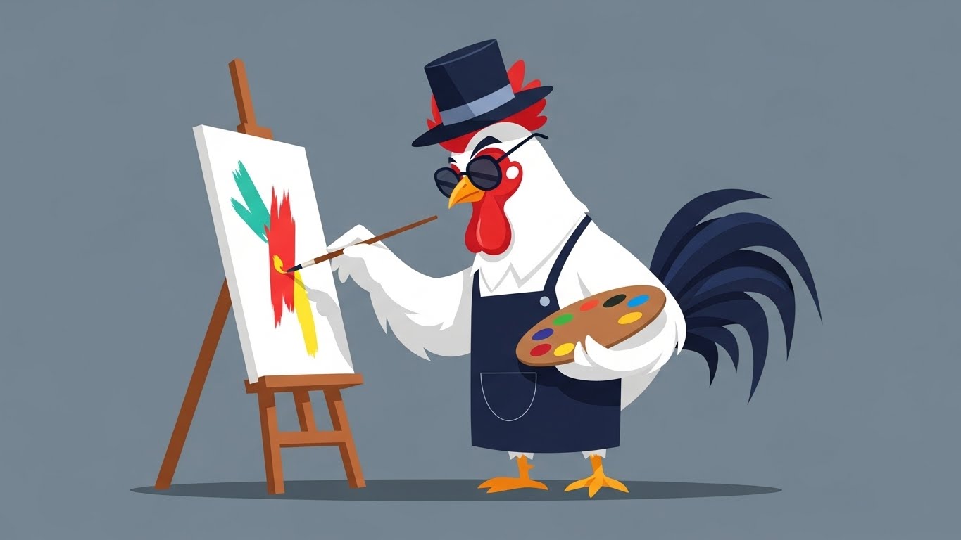 그림의 마지막 부분을 정교하게 그리는 완벽주의 닭 캐릭터의 2D 플랫 벡터 일러스트