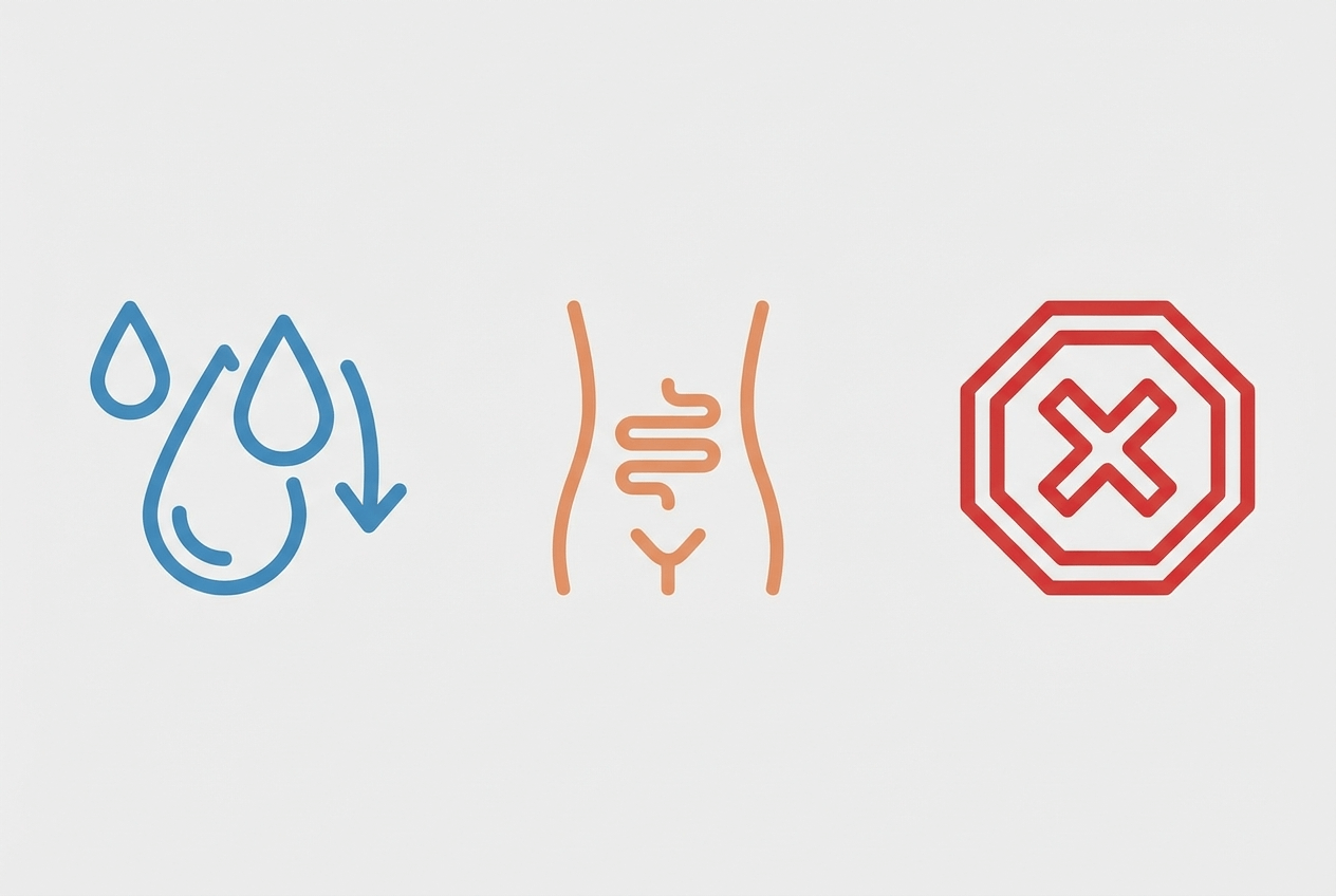 크레아틴 부작용을 수분, 위장, 중단 신호로 나눠 보여주는 글자 없는 아이콘 인포그래픽.