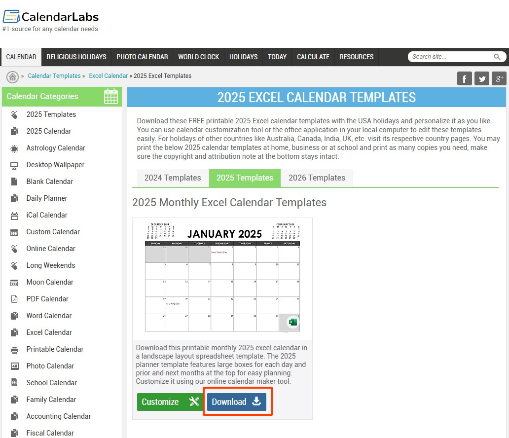 2025년 영문 엑셀 달력