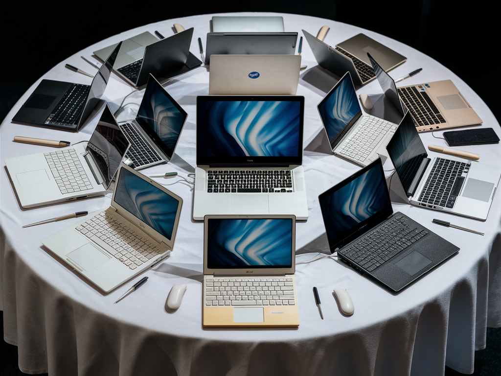 다양한 중고 노트북이 테이블 위에 정렬된 모습