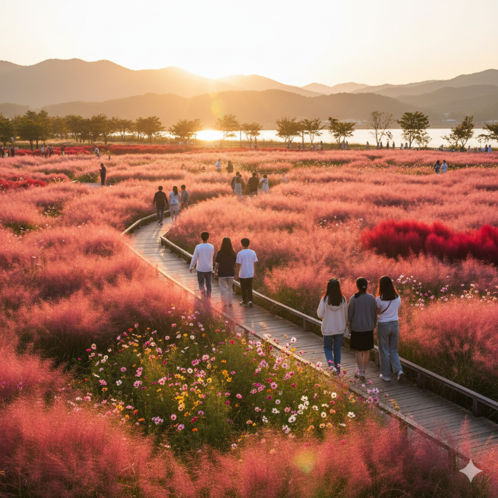 꽃밭 내 산책로를 걷고 있는 사람들의 뒷모습