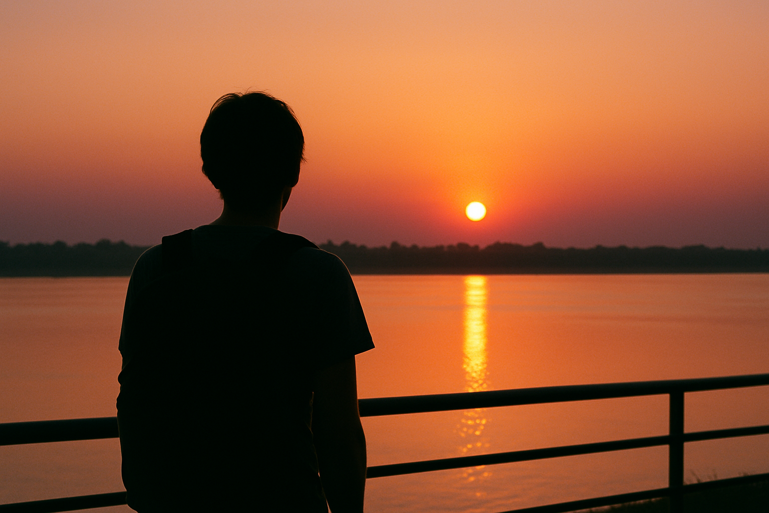 비엔티안 메콩 강변에서 석양을 바라보는 여행자 실루엣. 하늘은 호박색에서 자주색으로 그라데이션, 수면은 잔잔하고 난간이 낮게 프레이밍을 잡는다. 헤어라인에 빛이 얇게 감긴다.