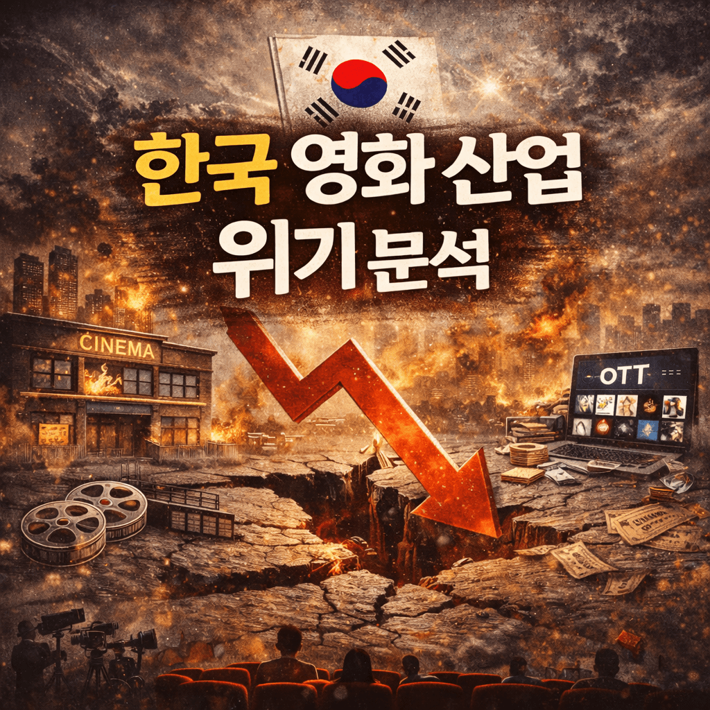 도시 배경과 불타는 극장, OTT 화면, 하락을 상징하는 붉은 화살표가 배치된 이미지로, 중앙에 &lsquo;한국 영화 산업 위기 분석&rsquo;이라는 제목이 강조되어 있으며 한국 영화 산업의 침체와 구조적 위기를 상징적으로 표현하고 있다.