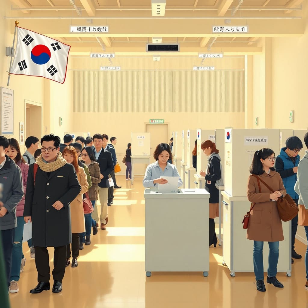 밝고 희망찬 분위기 속에서 다양한 연령대의 사람들이 질서정연하게 투표소로 향하거나 투표함에 투표용지를 넣는 모습을 묘사합니다. 투표소 입구에는 태극기가 걸려 있고, 내부에는 투표 용지를 받는 곳, 기표소, 투표함 등이 보입니다. 전체적으로 깨끗하고 정돈된 느낌이며, 사람들의 표정은 진지하면서도 희망을 담고 있습니다. 자연광이 비치는 따뜻한 톤으로 표현합니다.