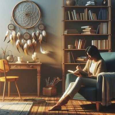 꿈의 해석을 위해 기록하는 여자가 꿈의 방에 앉아있는 모습