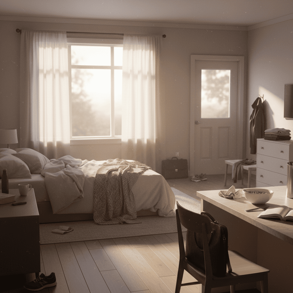 아침 햇살이 들어오는 공간과 하루가 시작되는 차분한 분위기