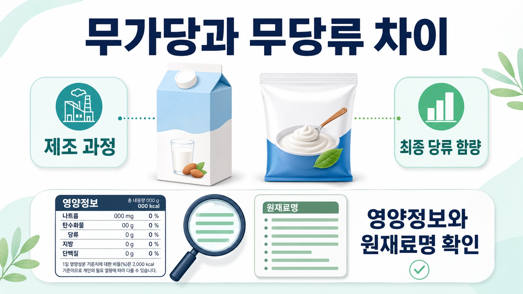 무가당은 제조 과정, 무당류는 최종 당류 함량을 기준으로 구분하는 방법을 보여주는 이미지