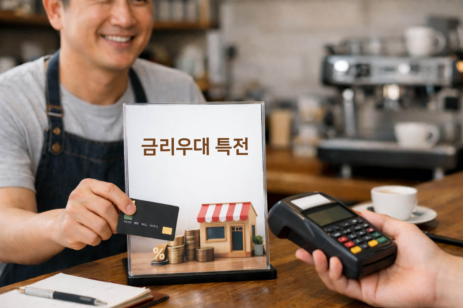 신용카드 결제 단말기와 함께 영세가맹점 금융 혜택을 안내하는 안내판을 보여주는 소상공인 이미지