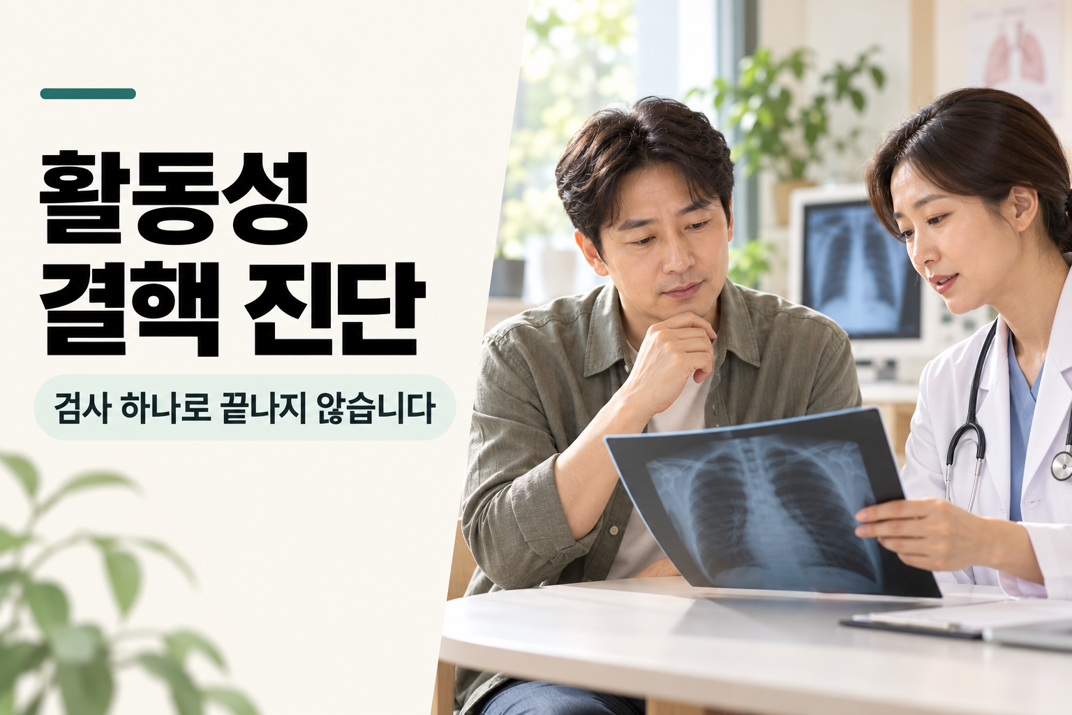 활동성 결핵 진단에 흉부 X선과 객담검사를 함께 보는 이유를 안내하는 표지