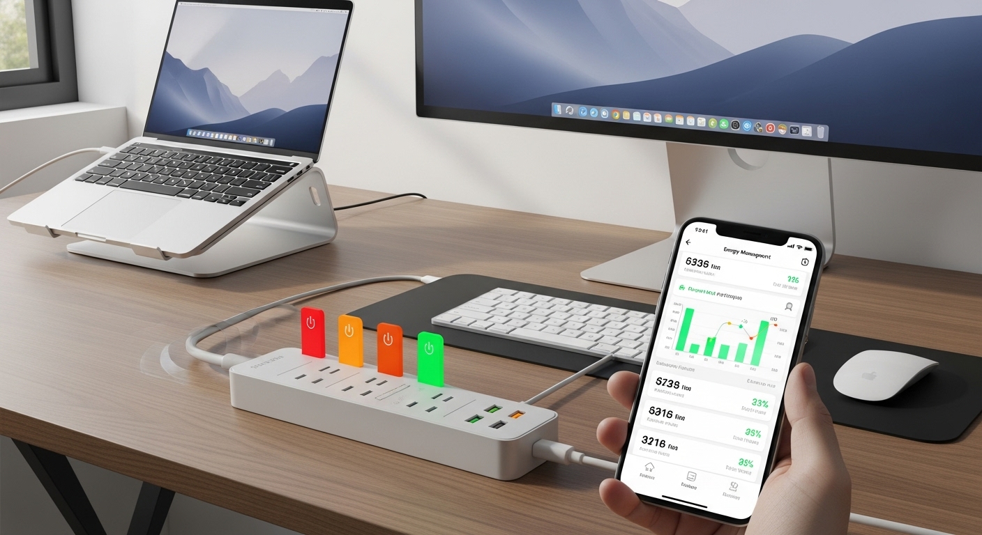 스마트폰 앱으로 전력 소모를 제어하는 현대적인 디자인의 스마트 멀티탭.