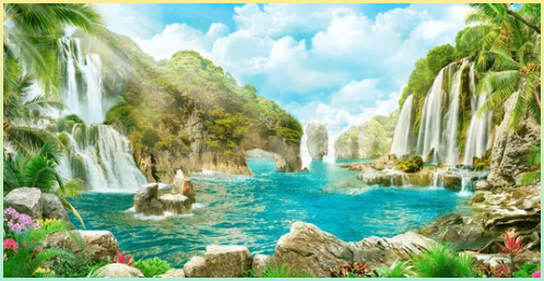 폭포 배경이 있는 이미지 그림같은 사진. 나무와 돌 등이 자연스럽게 배치되어 있다.