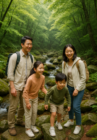 화룡사 계곡에서 자연 생물을 보며 즐거워하는 가족