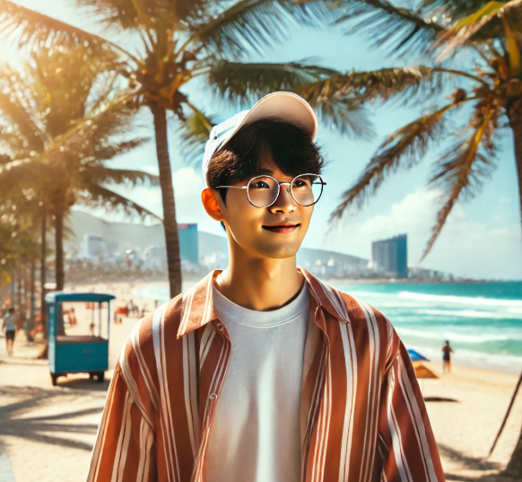 다낭 해변을 여유롭게 걷는 사람