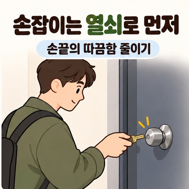 손잡이는 열쇠로 먼저와 손끝의 따끔함 줄이기 문구 아래 남성이 금속 열쇠를 문손잡이에 대는 모습