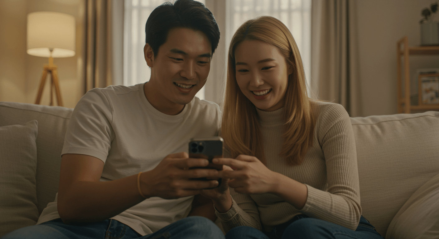 커플이 스마트폰으로 불꽃축제 티켓을 예매하는 장면 2