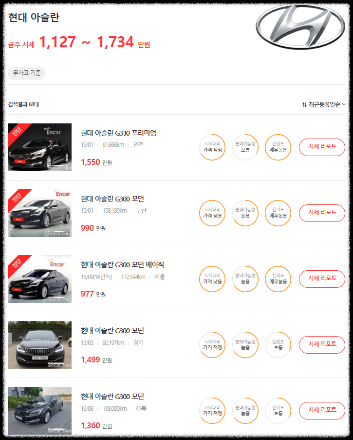 엔카 아슬란 실시간 시세