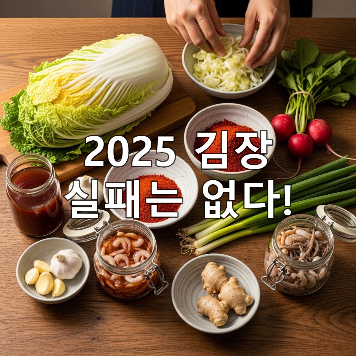 2025년 김장에 필요한 신선한 배추, 고춧가루, 무, 마늘 등 다양한 재료들이 정갈하게 놓여있는 모습.