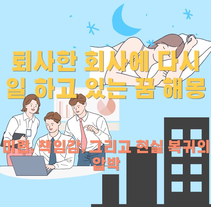 해몽 썸네일로 잠이든 여성의 아래쪽으로 회사건물과 회사에서 일하는 직장인들의 모습