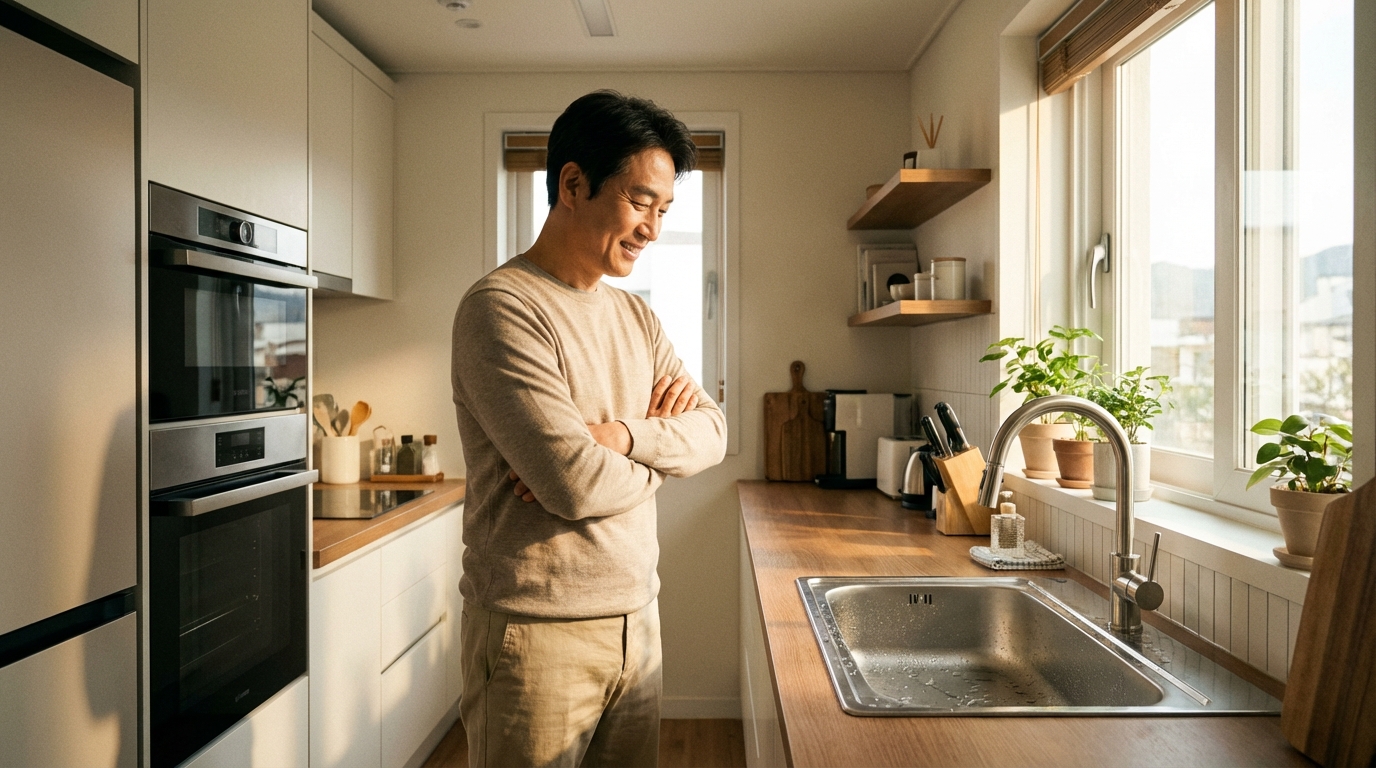 깨끗한 주방에서 싱크대를 바라보며 안도하는 표정