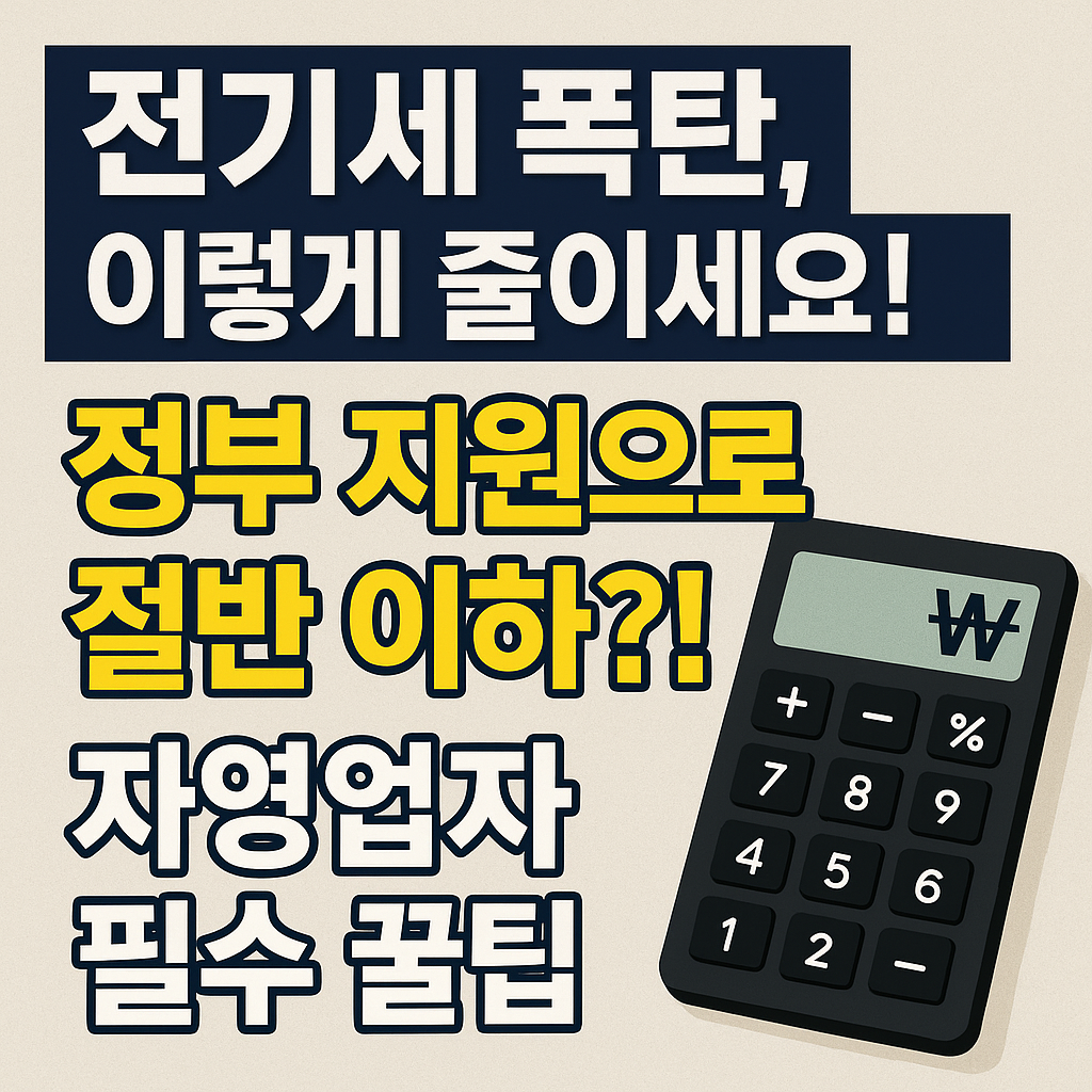 "자영업자를 위한 전기세 절약 가이드 썸네일 이미지. '전기세 폭탄, 이렇게 줄이세요!'라는 문구와 계산기 아이콘이 함께 배치되어 정부 지원을 통한 절약 팁을 직관적으로 전달합니다."