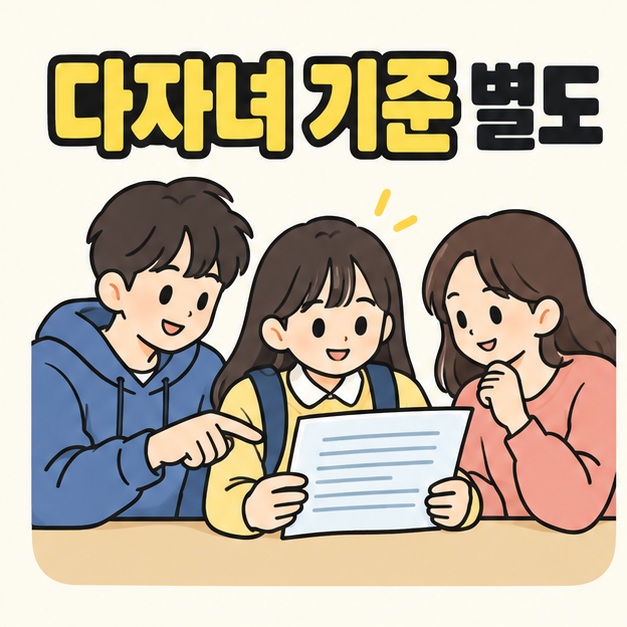 다자녀 기준 별도 제목 아래 세 명의 청년이 함께 앉아 가운데 대학생이 든 안내 문서를 확인하는 모습