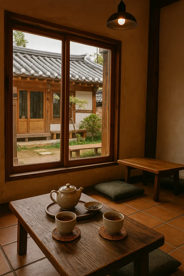 한옥 내부 전통 찻상이 차려진 전통차 카페 테이블