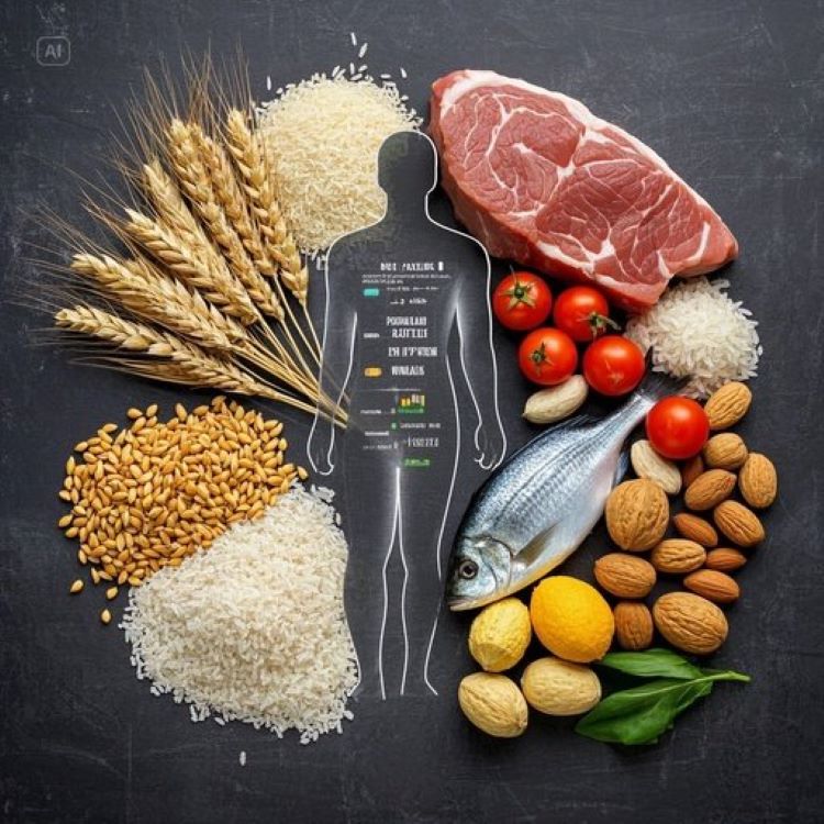 한쪽에는 밀, 쌀, 보리 등의 곡물들이 어둡게 배치되어 있고, 다른 한쪽에는 신선한 고기, 생선, 채소, 견과류가 생동감 넘치게 배열된 대조적 구성. 중앙에는 건강한 인체 실루엣과 영양소 분석 차트가 은은하게 오버레이되어, 과학적이면서도 희망적인 메시지를 전달하는 이미지