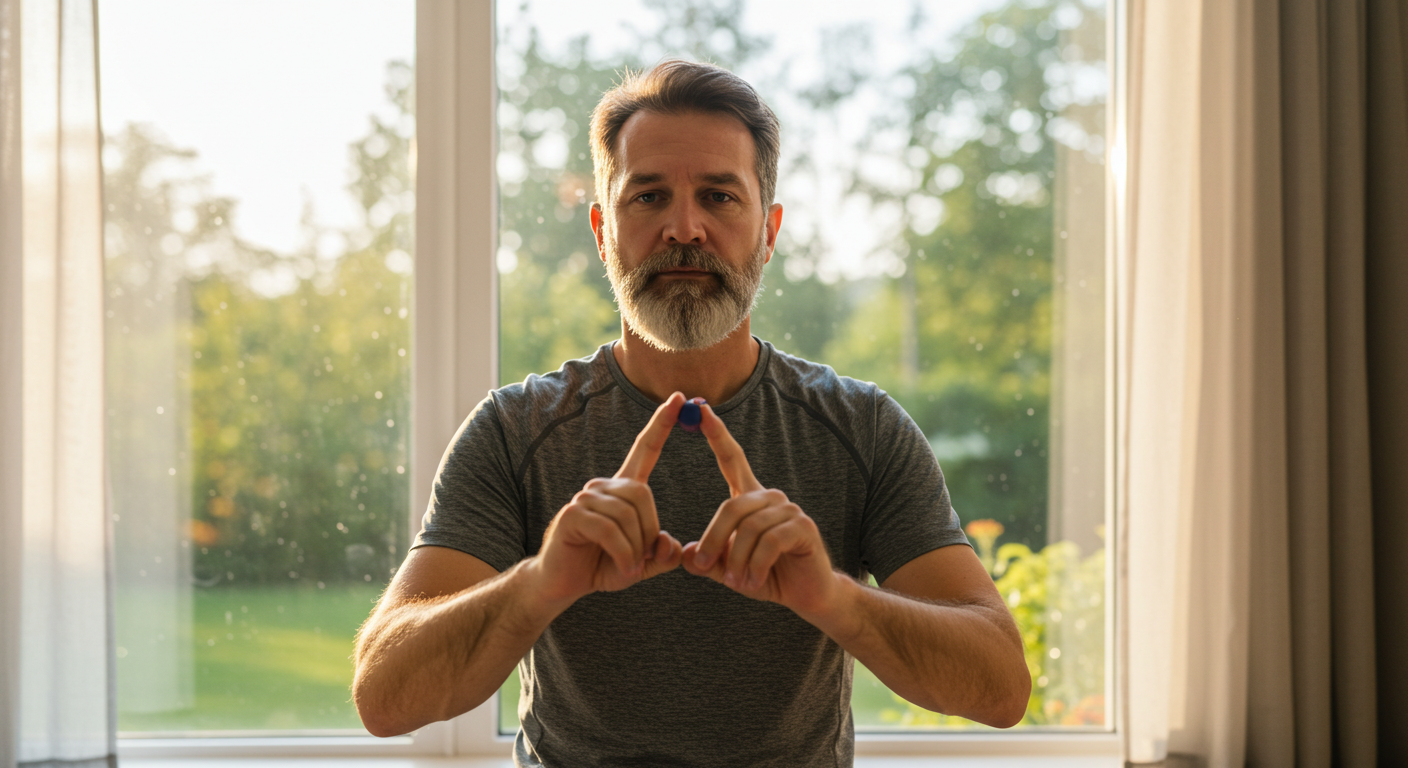 아침 명상과 손가락 운동을 실천하는 50대 남성