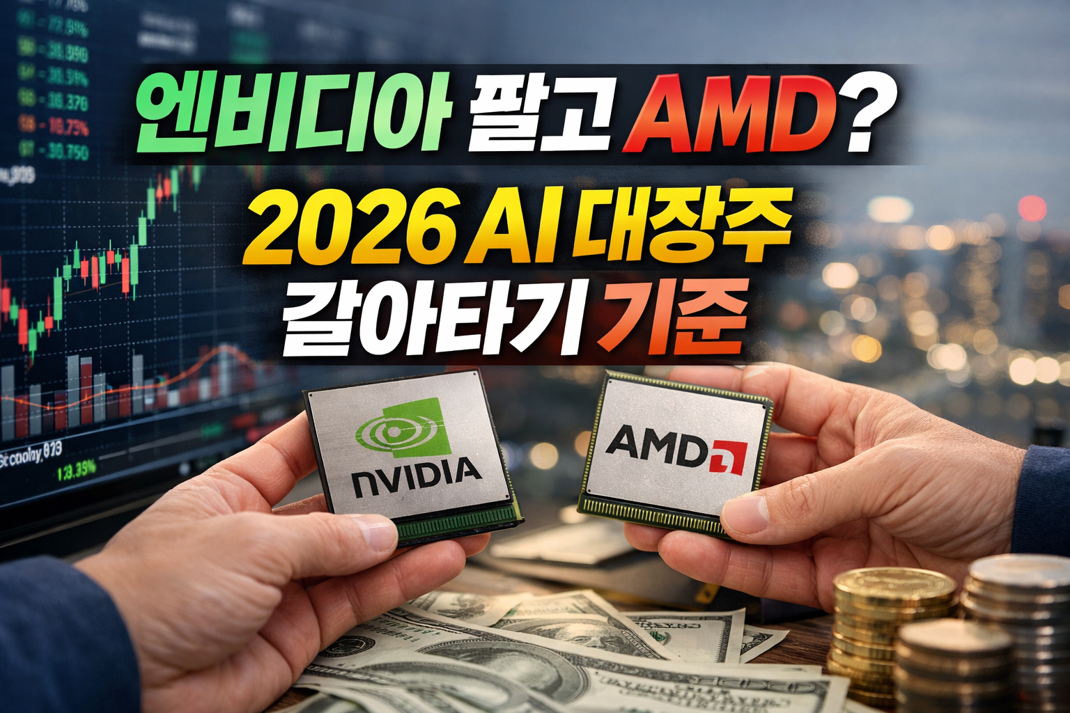 엔비디아와 AMD 로고가 들어간 반도체 칩을 손에 들고 주가 차트와 달러 지폐를 배경으로 2026년 AI 대장주 갈아타기 기준을 표현한 이미지
