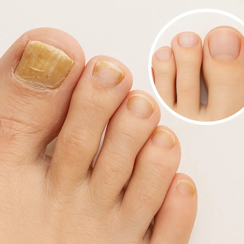 발톱이 두껍고 누렇게 변색된 발 클로즈업, 일부 발톱은 갈라지고 들뜬 모습