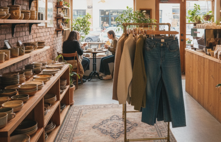 아늑하고 포근한 분위기의 작은 멀티샵 내부. 왼쪽에는 다양한 도자기 그릇들이 나무 선반에 진열되어 있고, 중앙에는 스웨터와 블루진이 걸린 행거가 보인다
