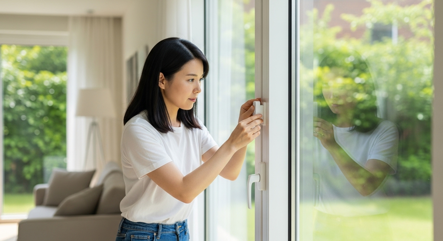 창문에 도어 센서를 설치하고 있는 한국 여성