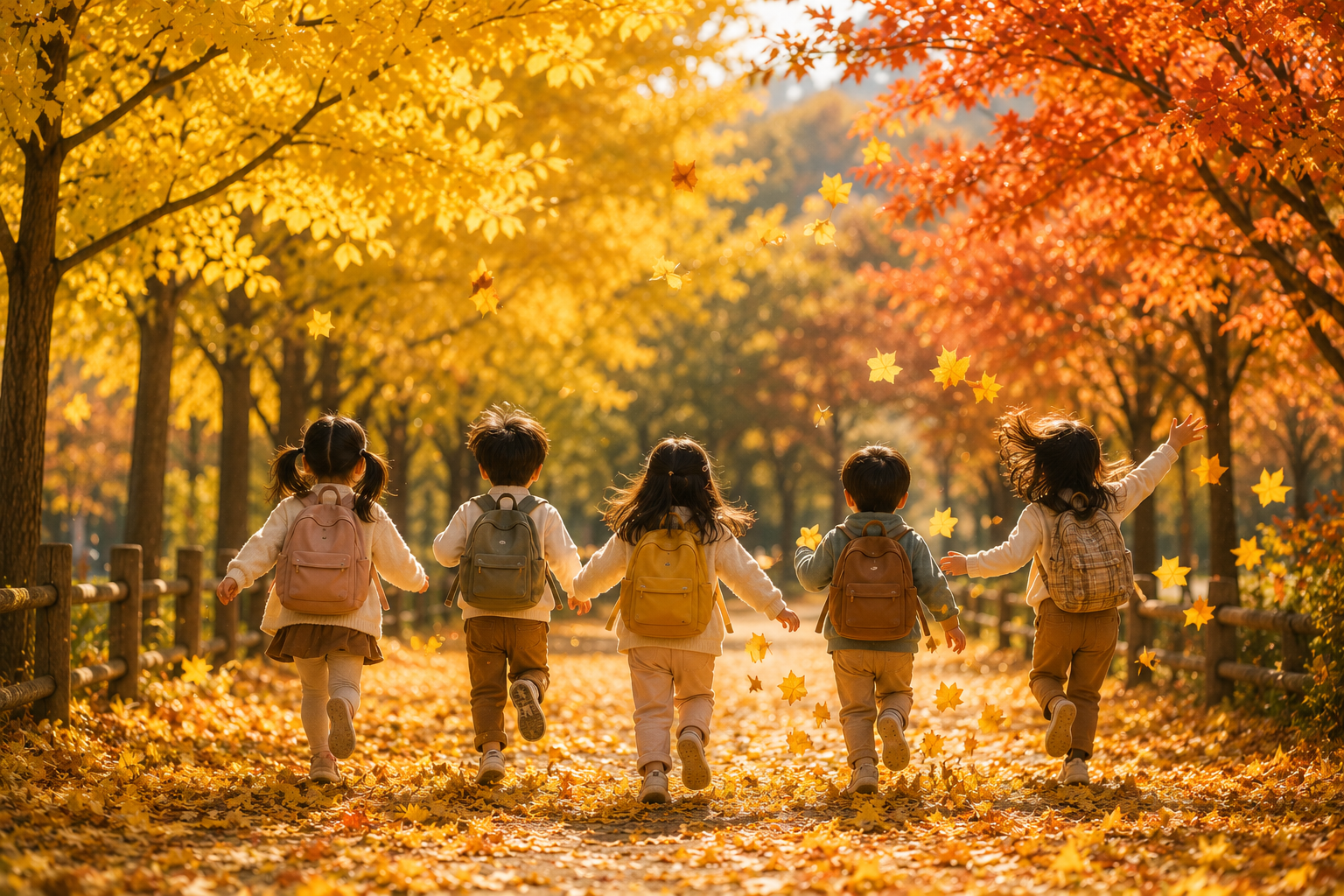 가을 속 아이들의 활기찬 달리기